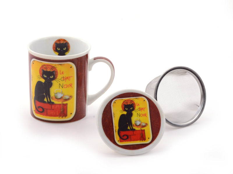 Fekete macska bögre szűrővel és tetővel