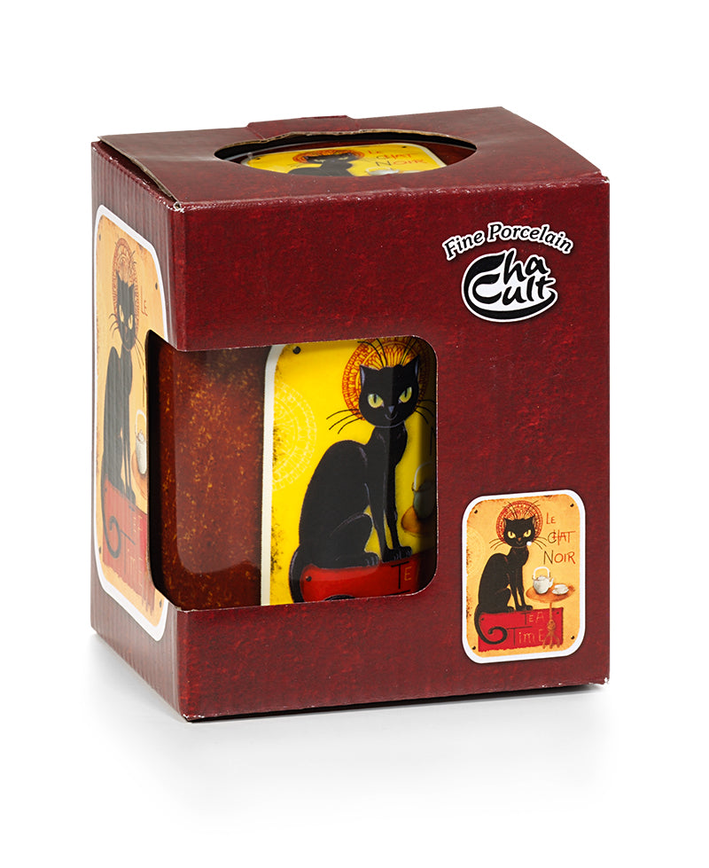 Fekete macska bögre szűrővel és tetővel