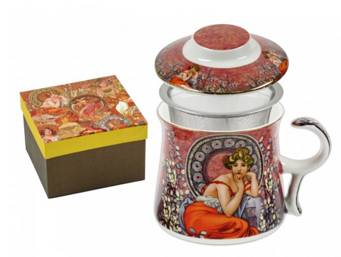 Mucha teásbögre porcelán tetővel és szűrővel Smaragd díszdobozban