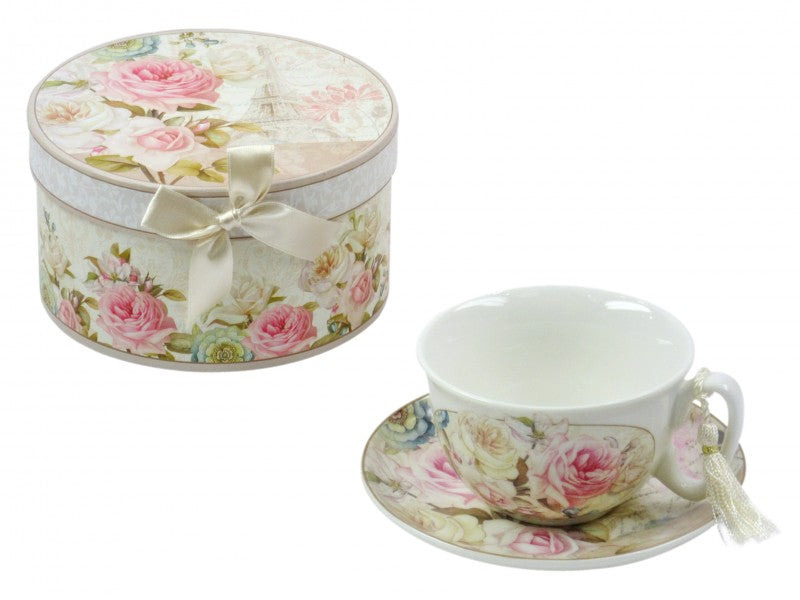 Teáscsésze alátéttel díszdobozban rózsaszín virággal  Florance