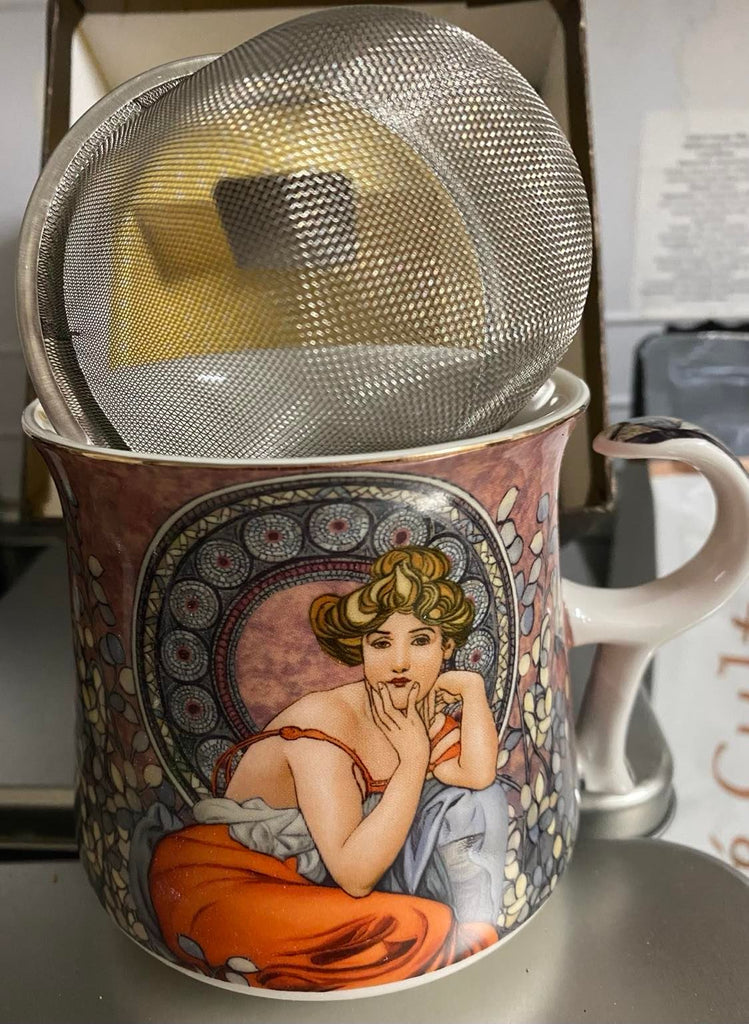 Mucha teásbögre porcelán tetővel és szűrővel Smaragd díszdobozban